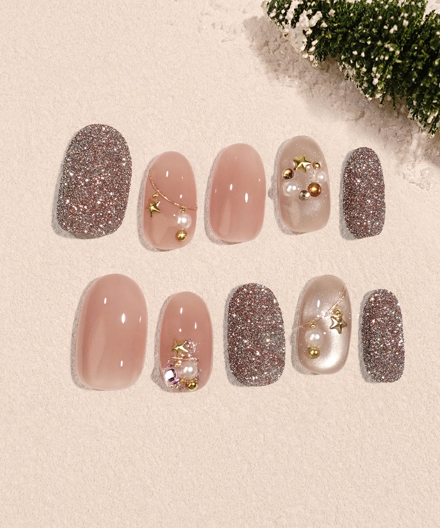 【当日発送】水光ネイルピンクグリッターオーナメントデザインクリスマスオーバルネイルチップ