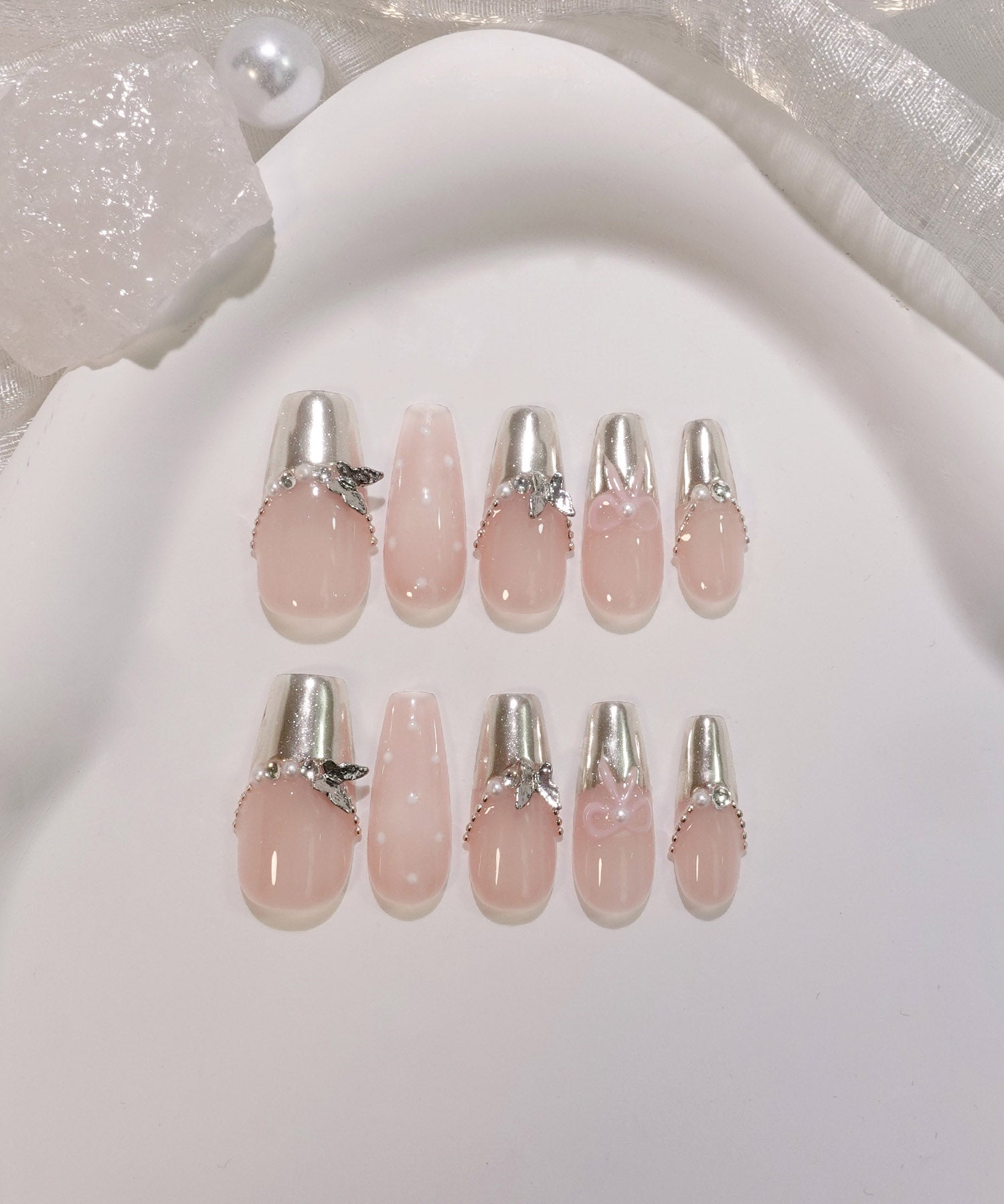 [Same-day shipping] 3D Water Shine Nail Natural Pink Silver Mirror French Girly Nail Tips