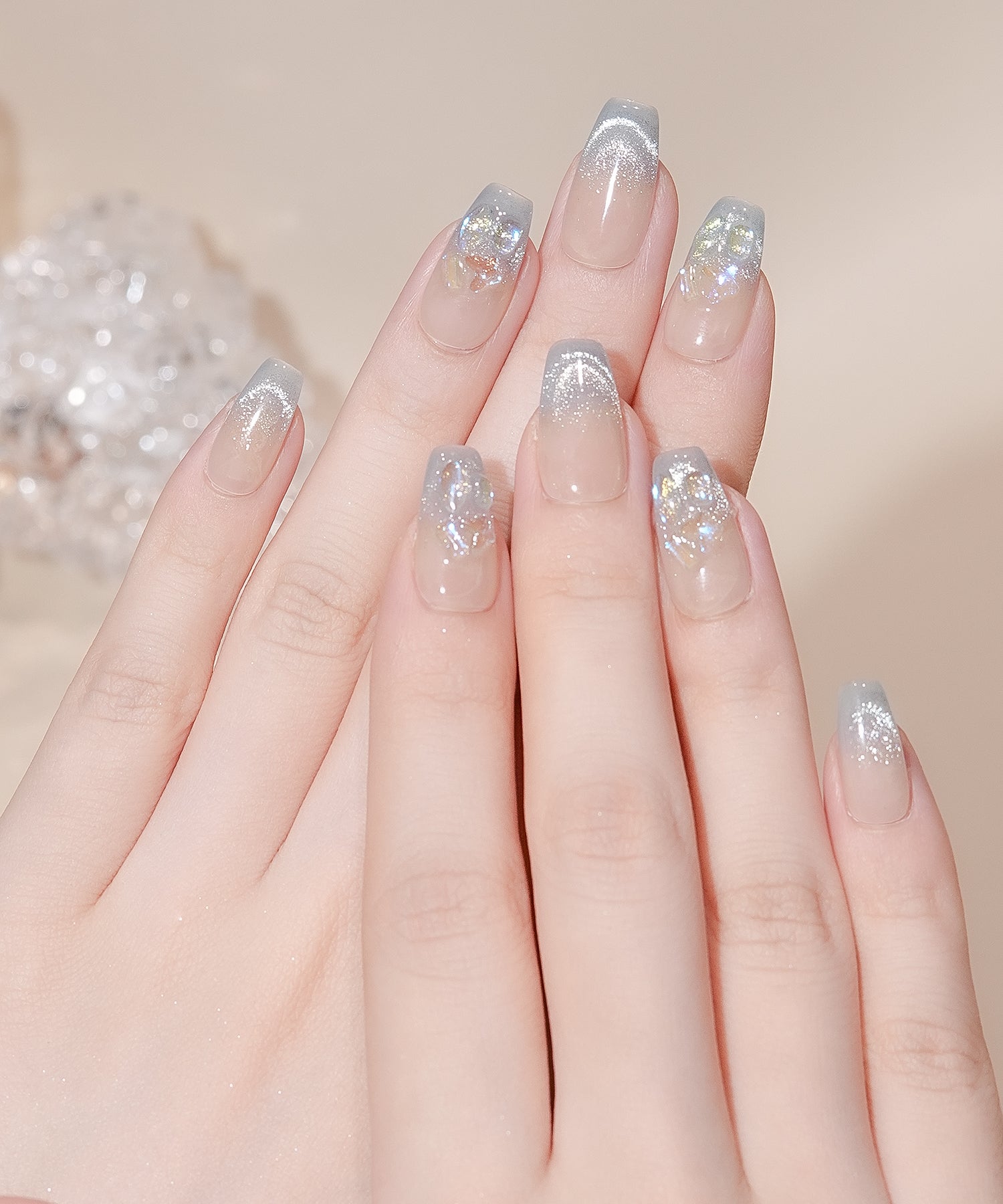 【当日発送】水光ネイルピンクブルーグラデーションクリアストーンバレリーナネイルチップ