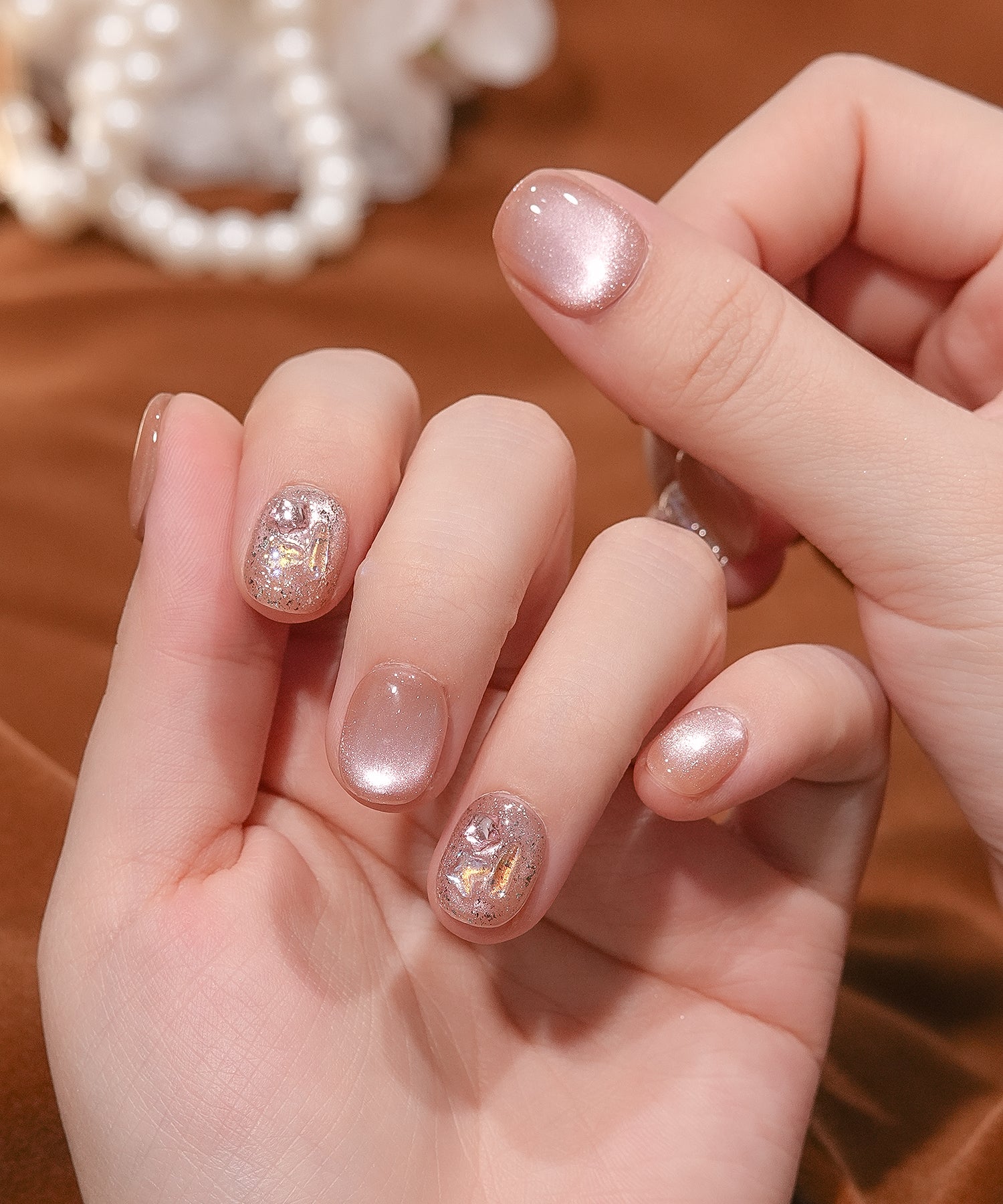 【当日発送】水光ネイルピンクマグネットオーロラストーンラメショートラウンドネイルチップ