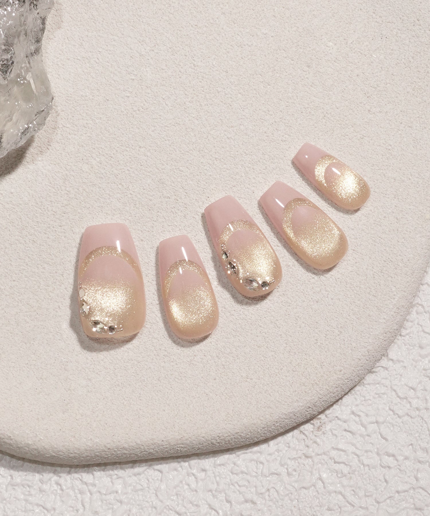 【COMING SOON】水光ネイルピンクダブルフレンチシャンパンマグネットビジューストーンバレリーナネイルチップ