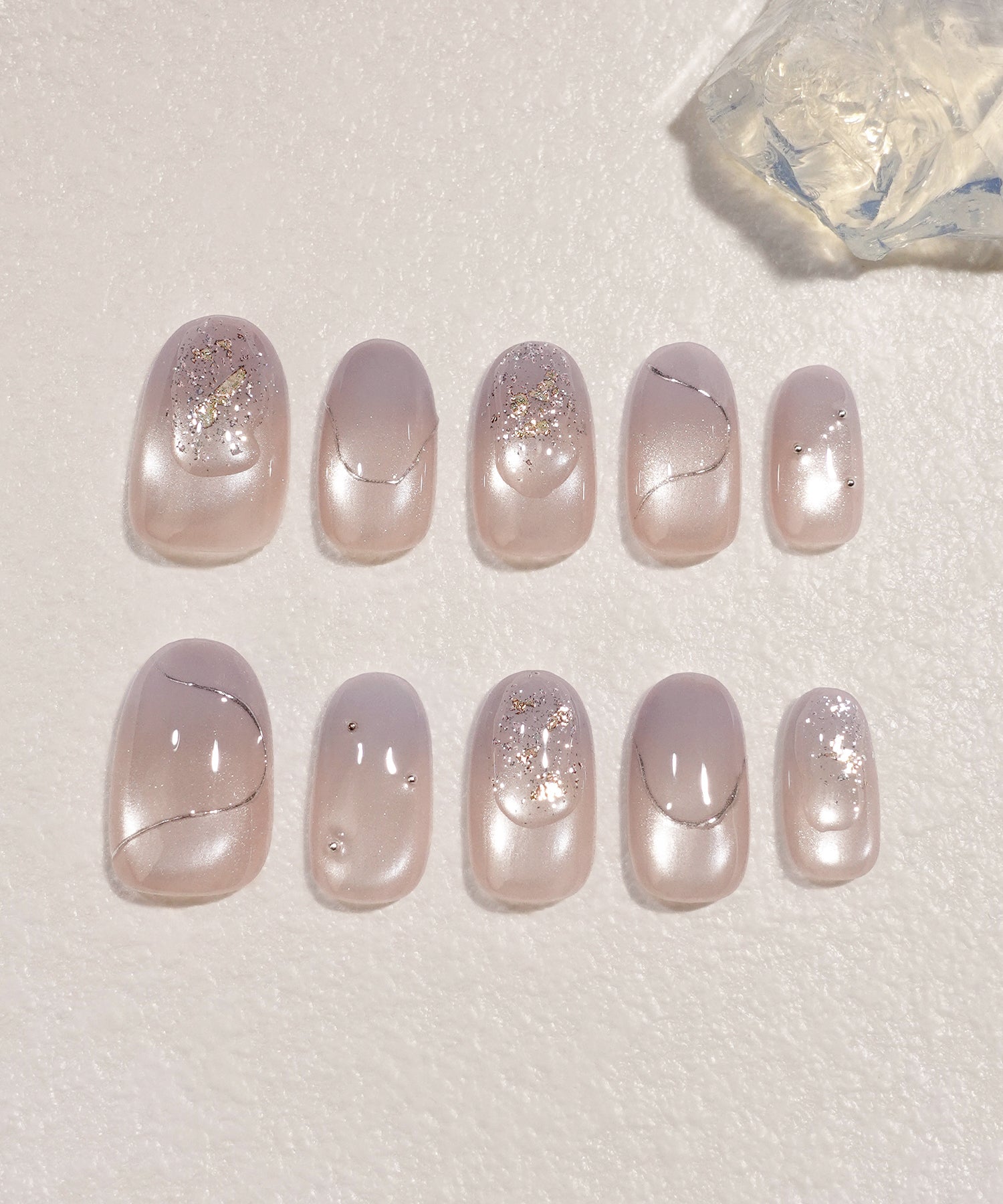 水光ネイルパープルピンクグラデーションマグネットシルバーミラーラインオーバルネイルチップ