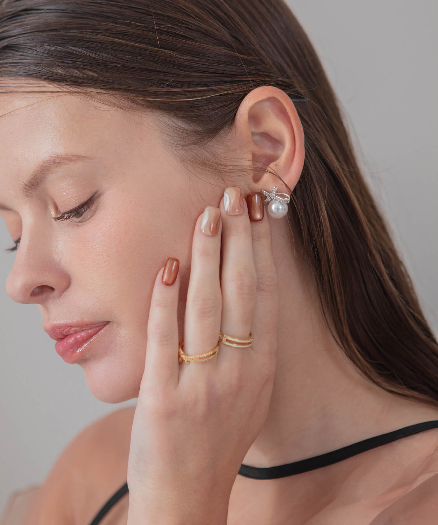 【予約販売】水光ネイルブラウンマグネットウェーブデザインショートスクエアネイルチップ