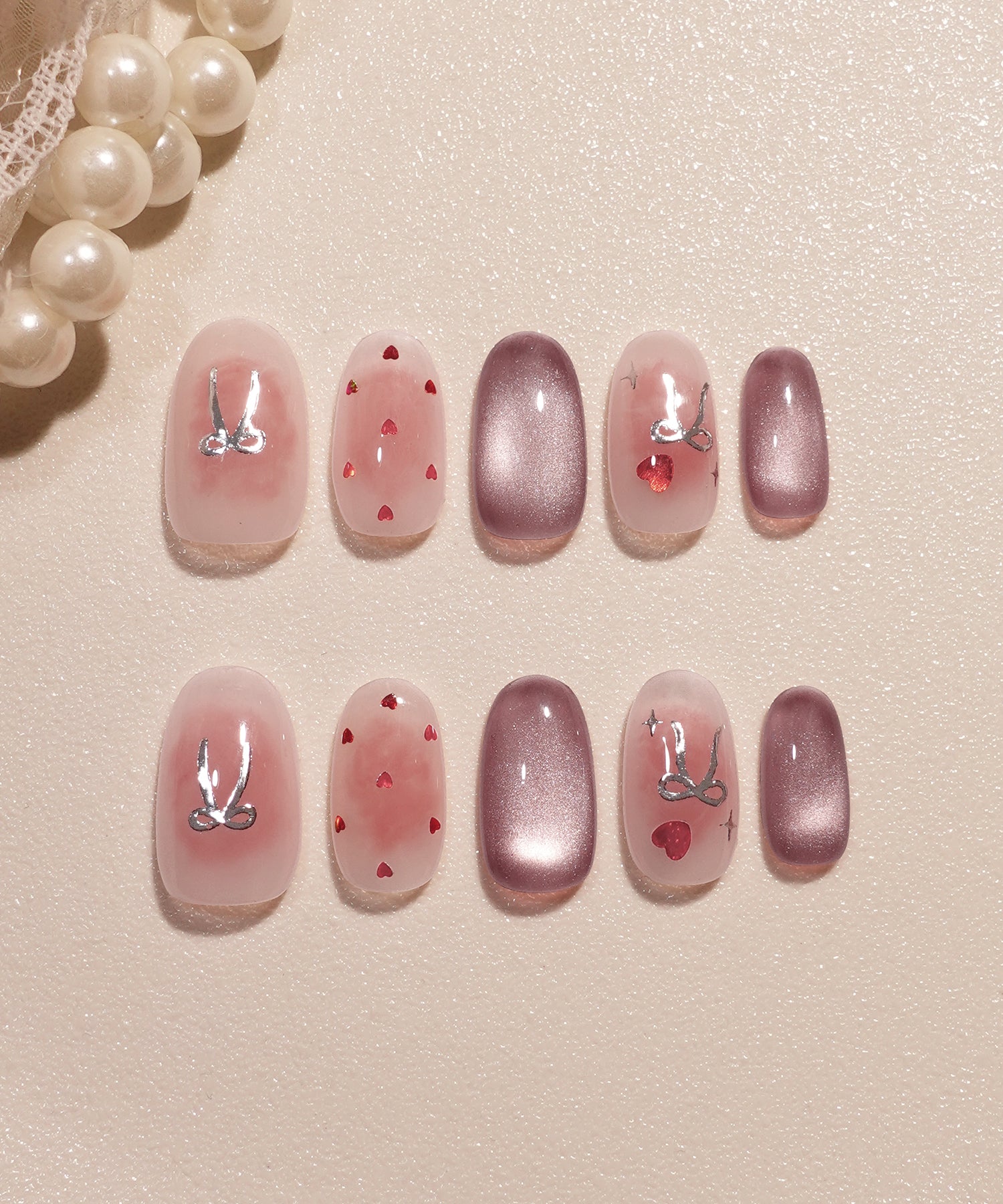 【バレンタイン限定デザイン】水光ネイルシアーピンクチークマグネットハートリボンオーバルネイルチップ