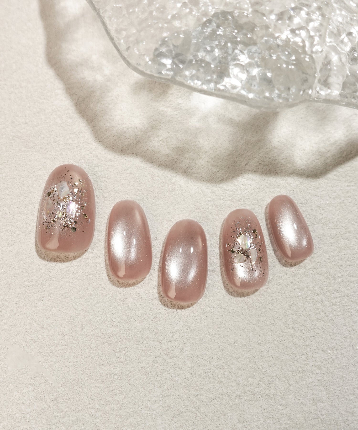 【当日発送】水光ネイルピンクマグネットゴールドホイルシェルオーバルネイルチップ