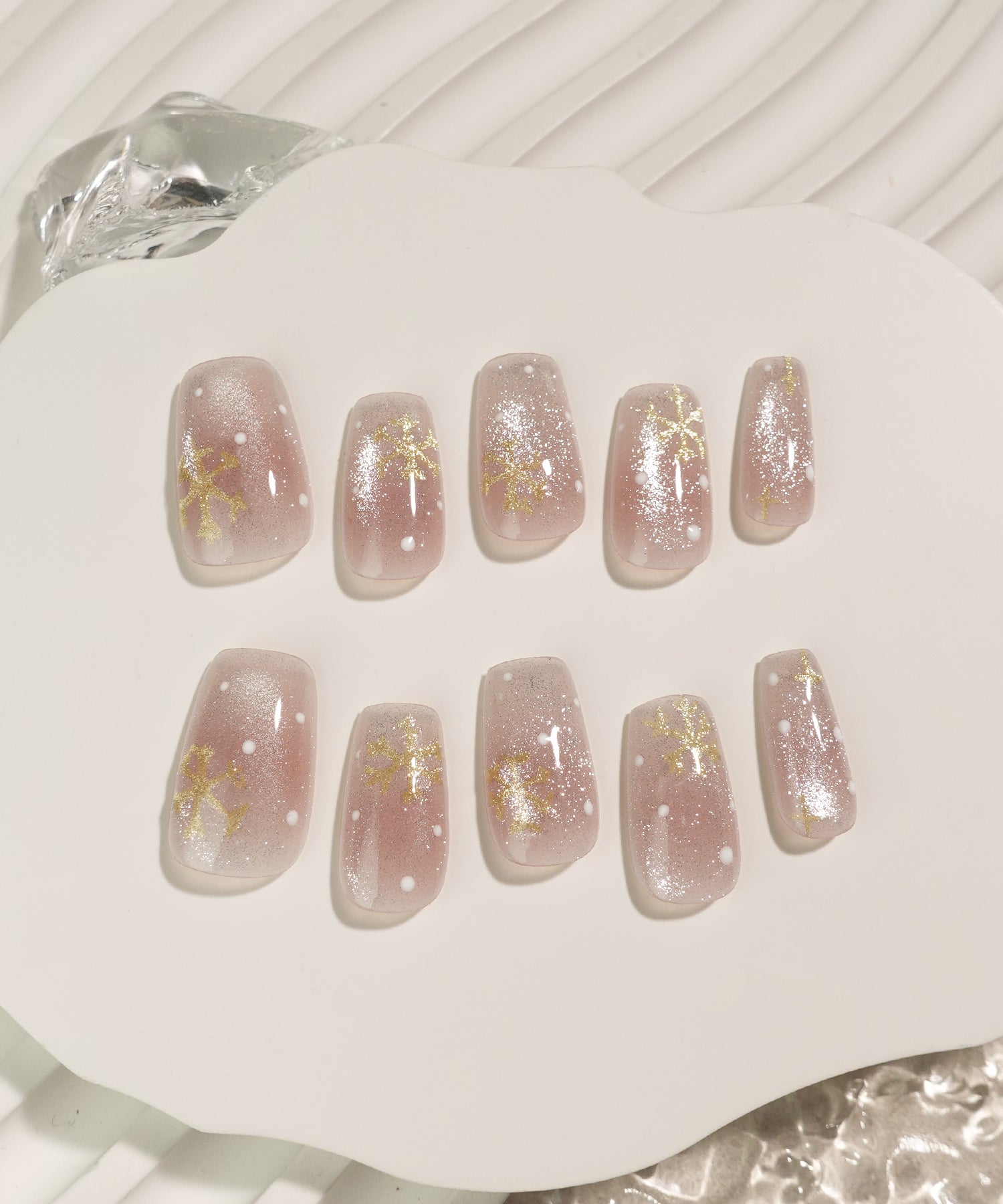 【COMING SOON】水光ネイルピンクワンカラースノーフレークドットロングバレリーナネイルチップ