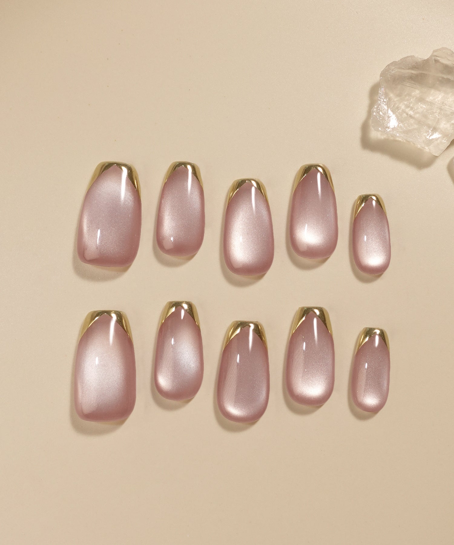 【COMING SOON】水光ネイルモーブピンクマグネットゴールドミラーフレンチバレリーナネイルチップ