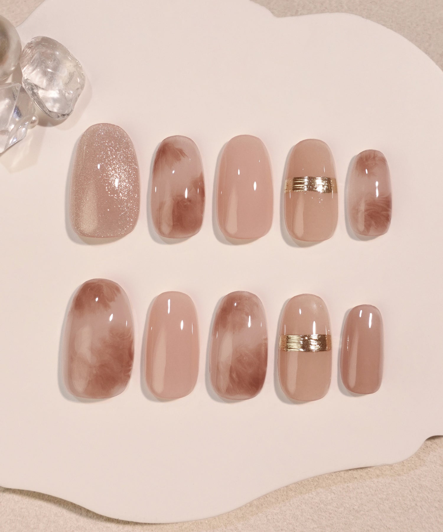 水光ネイルピンクニュアンスゴールドミラーマグネットオーバルネイルチップ