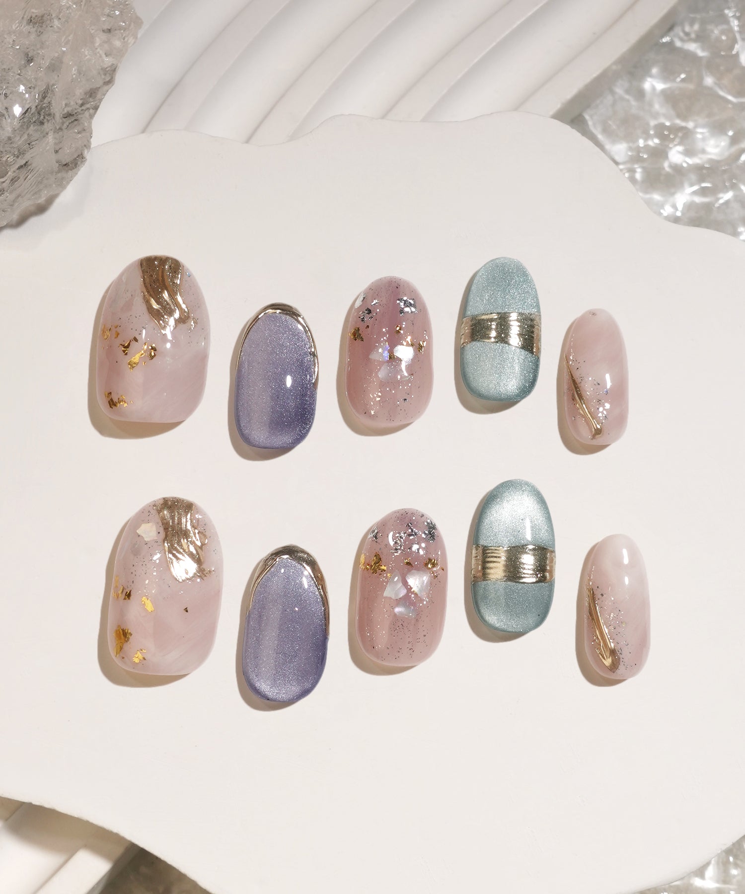【予約販売】水光ネイルパープルマグネットニュアンスミラーアートホイルシェルラメオーバルネイルチップ