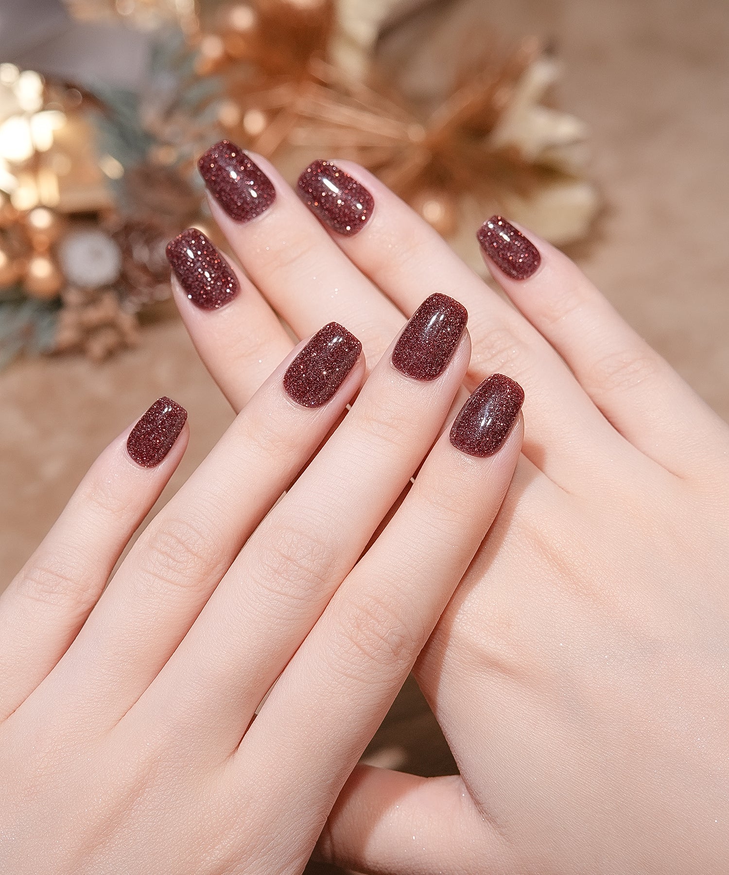 水光ネイルダークレッドワンカラーラメスクエアネイルチップ