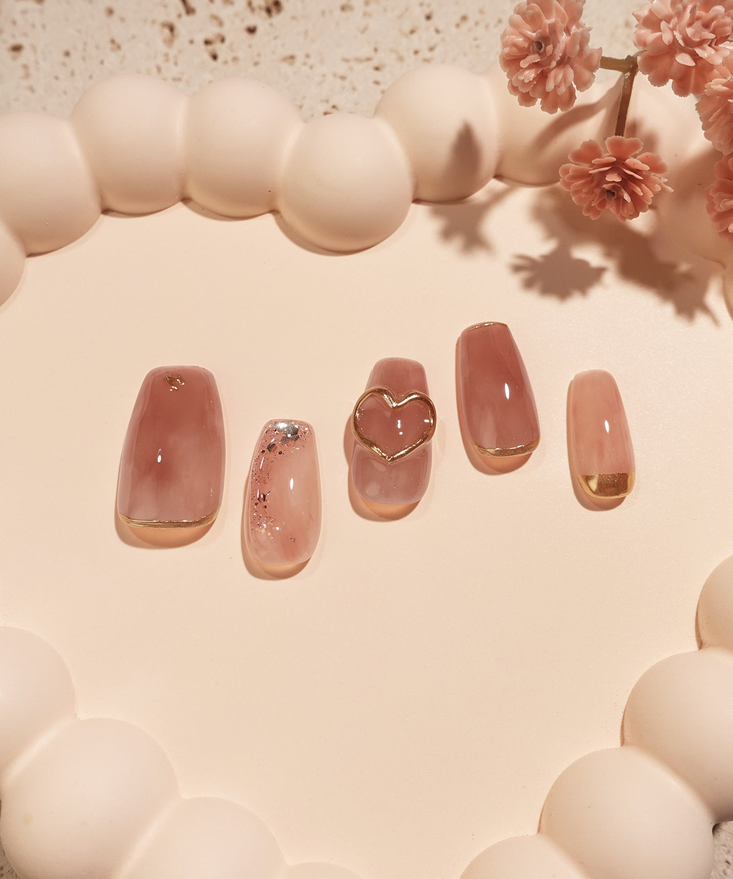 【SOLD OUT】水光ネイルコーラルオレンジマーブルハートモチーフゴールドミラーラメホロバレリーナネイルチップ