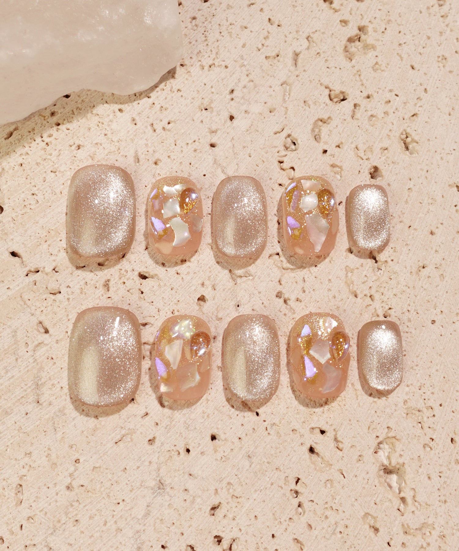 水光ネイルピンクマグネットオーロラシェルショートスクエアネイルチップ