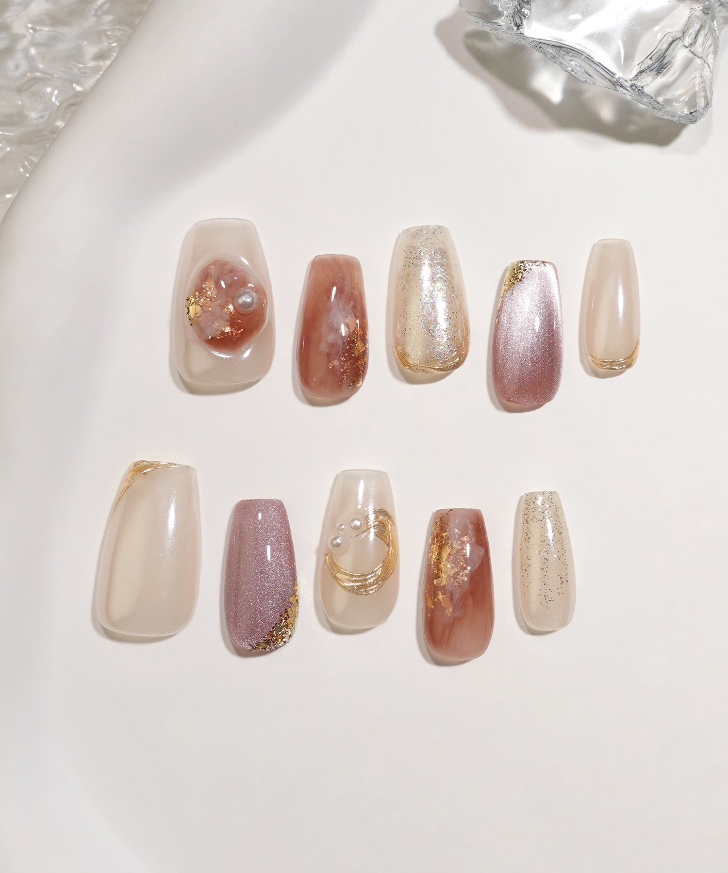 【COMING SOON】水光ネイルホワイトミラーニュアンスゴールドミラーアートパールホロラメバレリーナネイルチップ