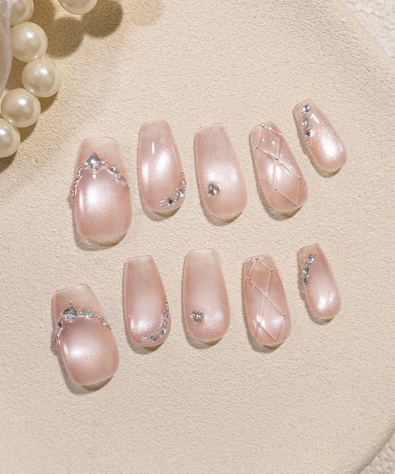 【予約販売】水光ネイルピンクマグネットストーンキルティングデザインバレリーナネイルチップ
