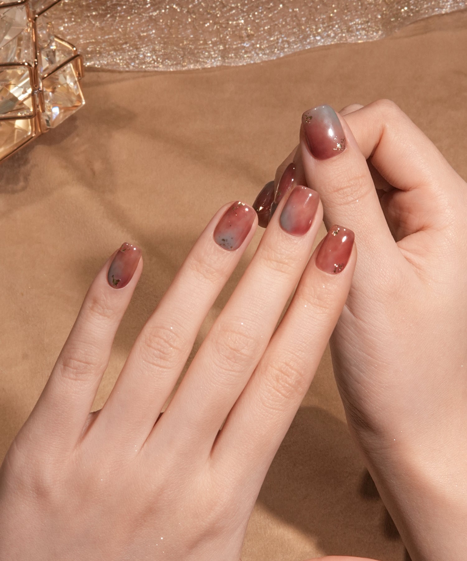 【当日発送】水光ネイルスモーキーローズブルーグレーニュアンスホイルショートスクエアネイルチップ