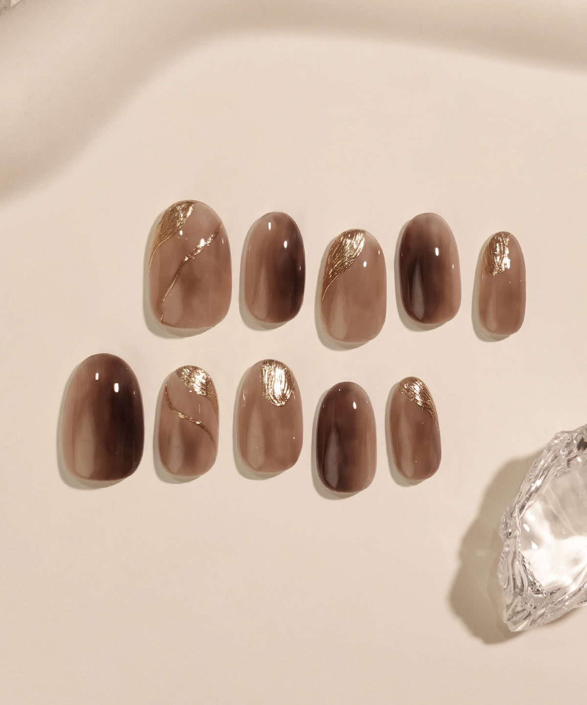 【COMING SOON】水光ネイルブラウングラデーションニュアンスミラーアートオーバルネイルチップ