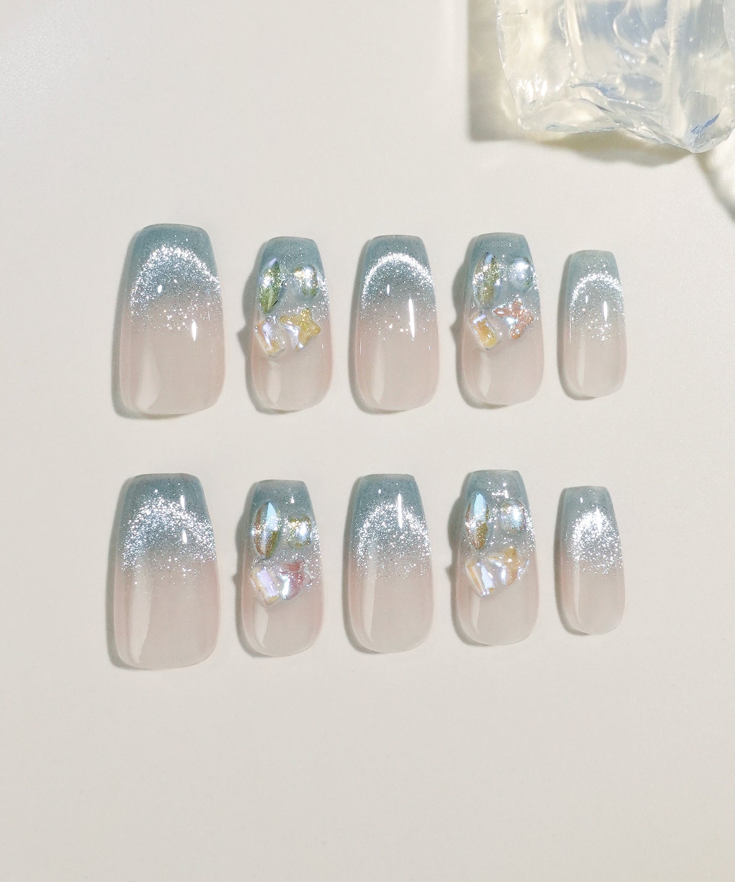 【当日発送】水光ネイルピンクブルーグラデーションクリアストーンバレリーナネイルチップ