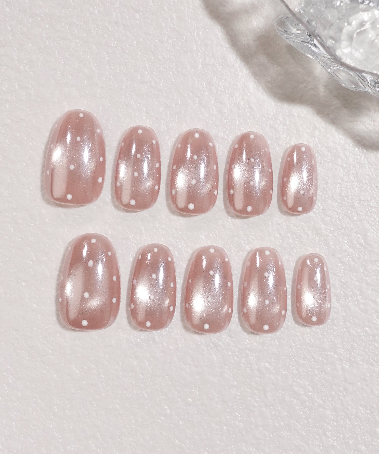 【当日発送】水光ネイルピンクマグネットドットデザインミラーオーバルネイルチップ