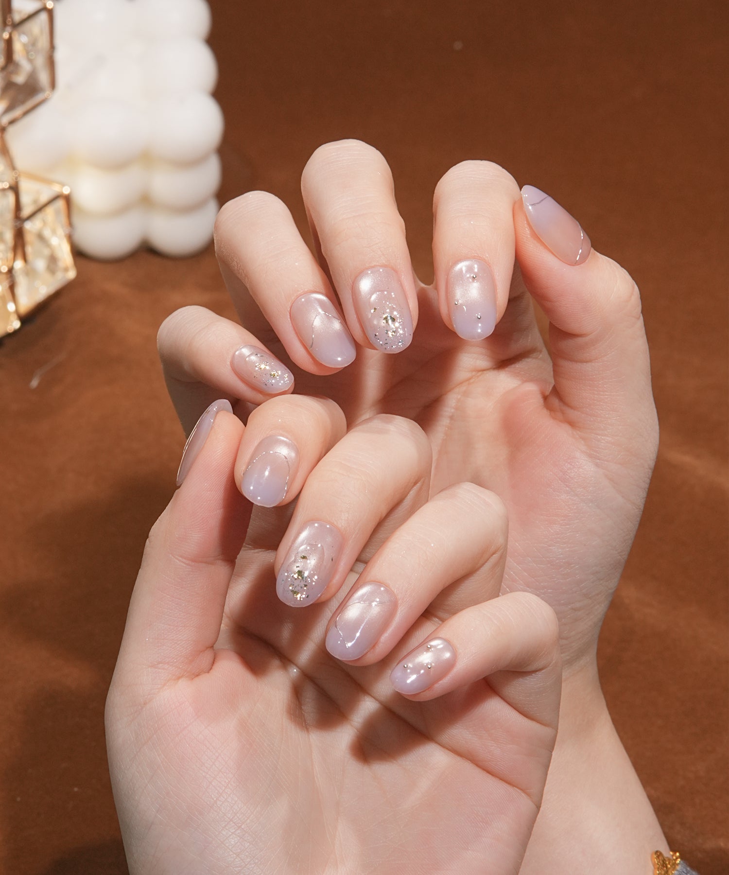 水光ネイルパープルピンクグラデーションマグネットシルバーミラーラインオーバルネイルチップ