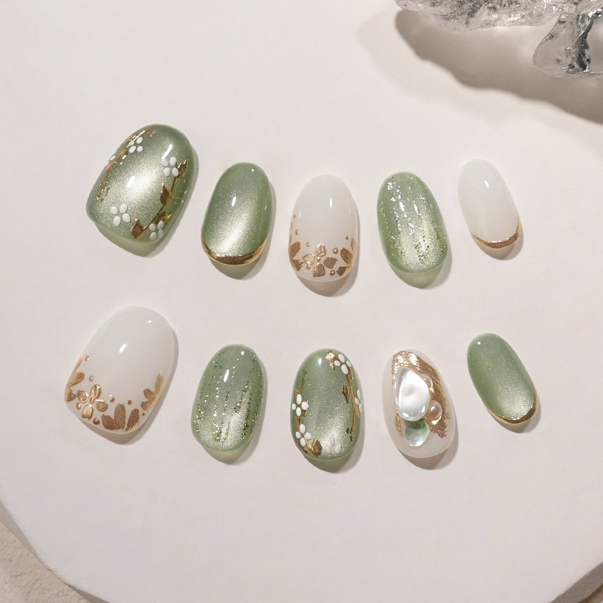 当日発送】水光ネイルグリーンマグネットフラワーアートゴールドミラー 