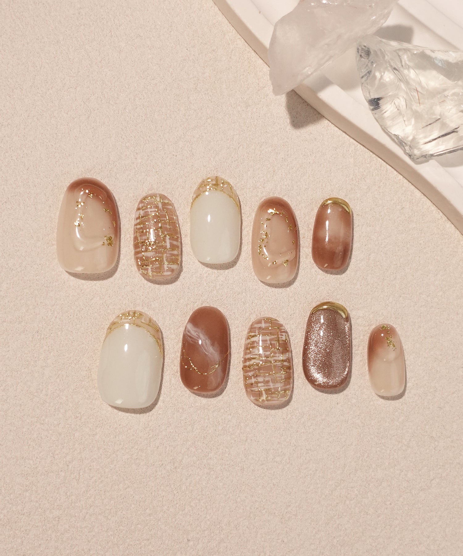 モカ ネイルチップ 当日発送】水光ネイルモカベージュニュアンスフレンチツイードデザイン