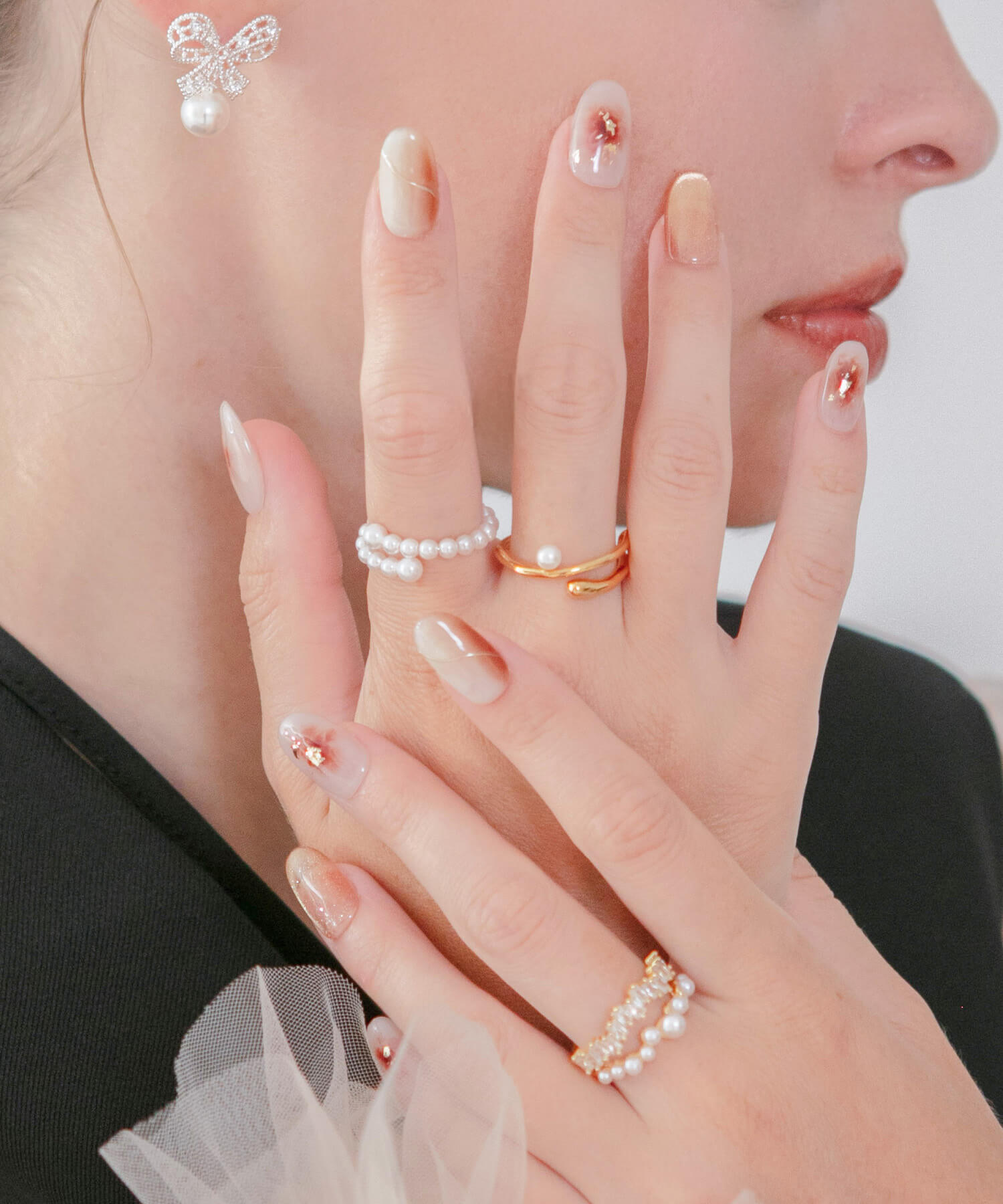 当日発送】水光ネイルベージュブラウンフラワーゴールドフレーク