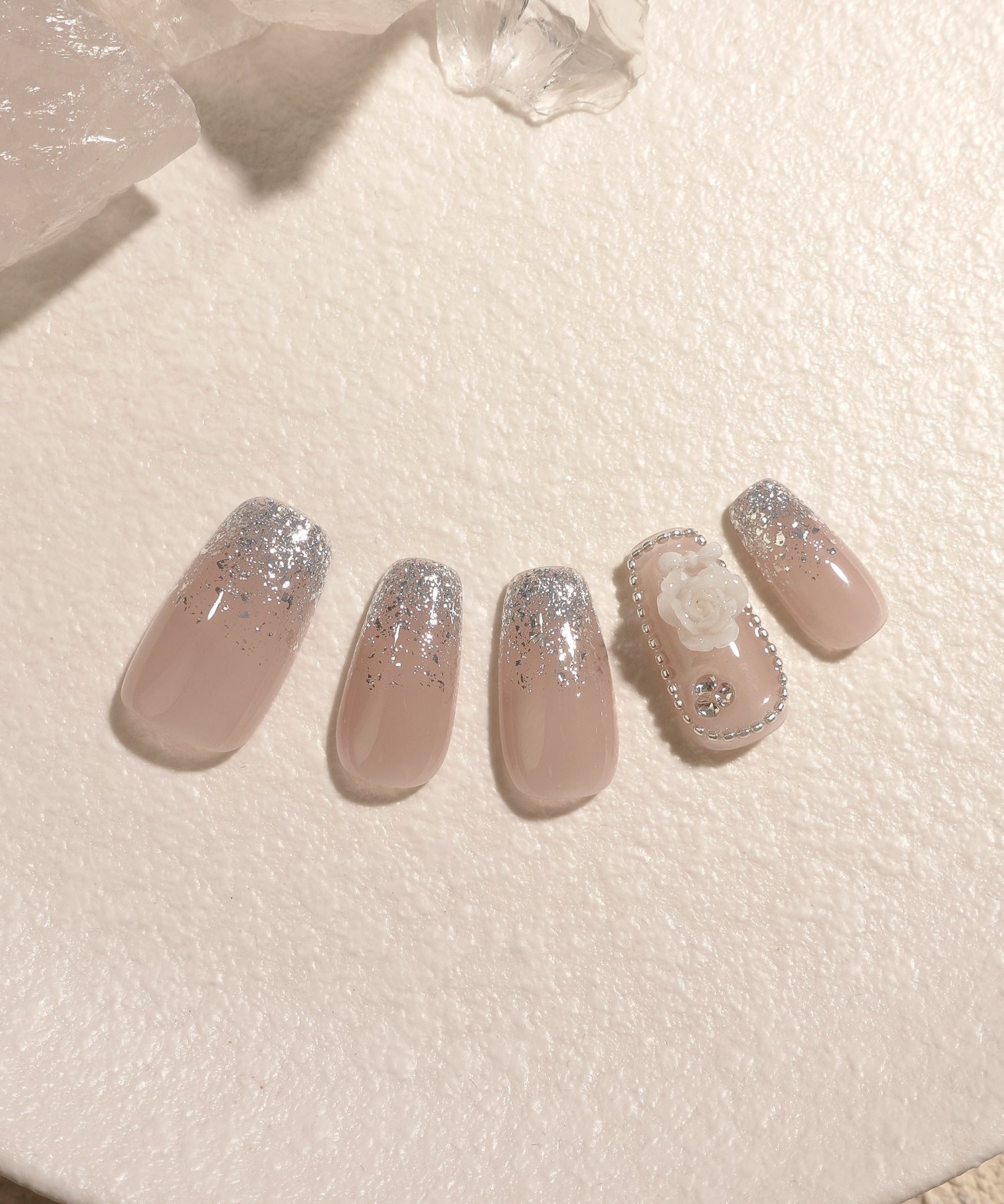 【当日発送】水光ネイルピンクラメグラデーションローズモチーフバレリーナネイルチップ