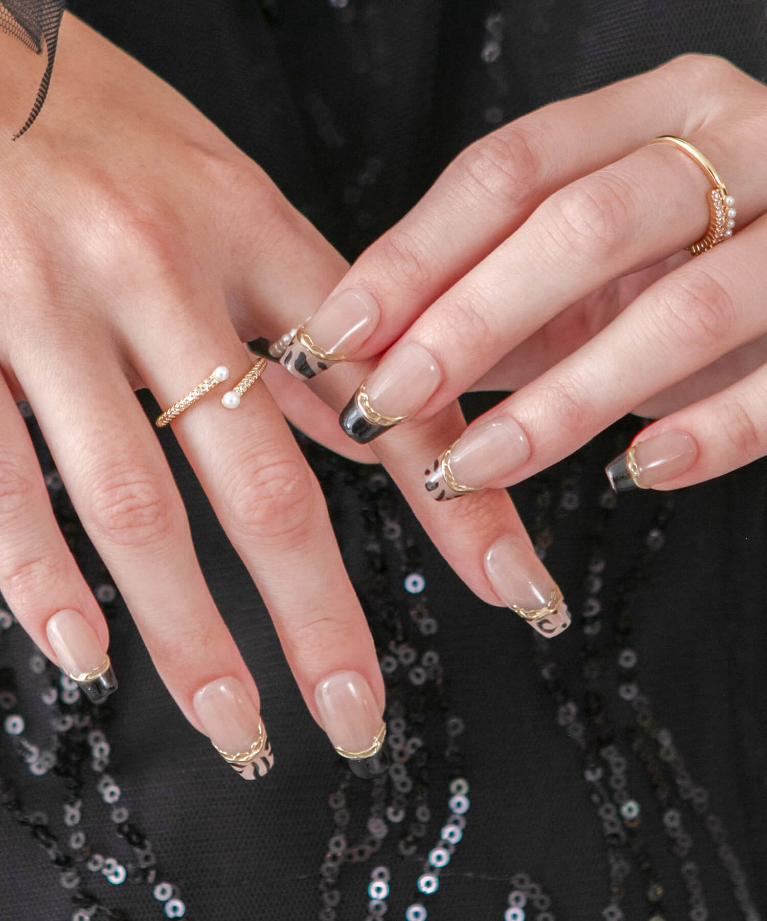 予約販売】水光ネイルベージュブラックフレンチレオパードミラーライン