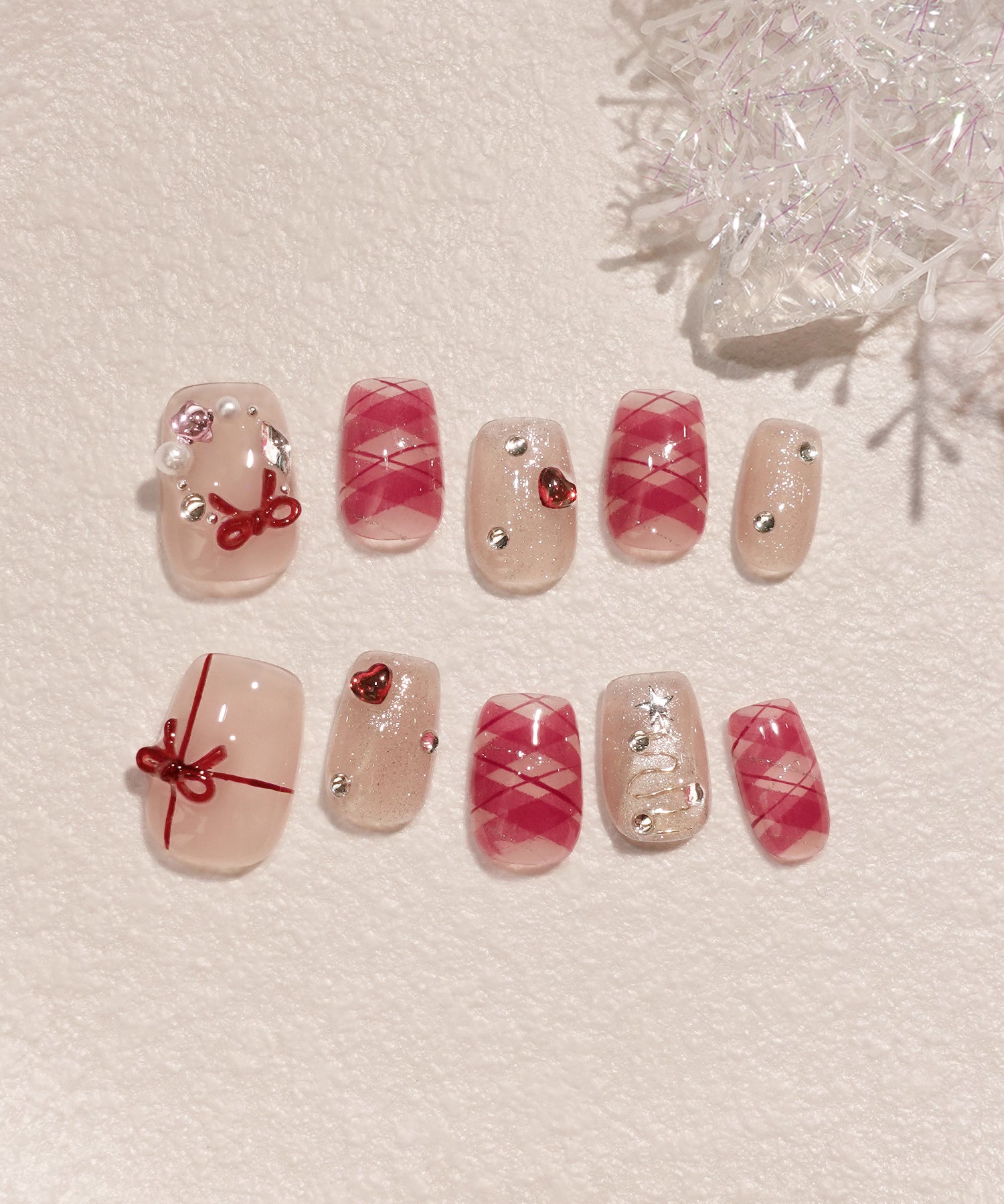 COMING SOON】水光ネイルレッドチェックリボンハートストーン