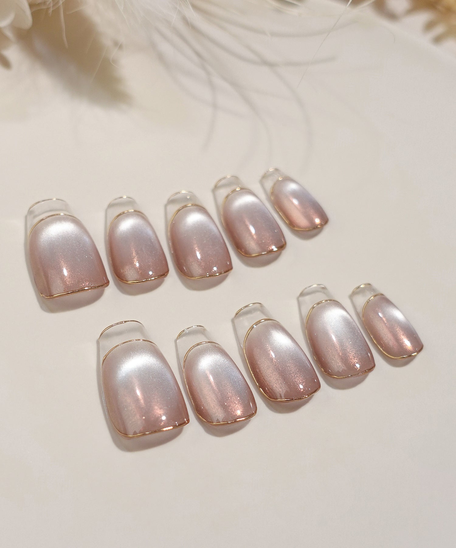 水光ネイルピンクマグネットゴールドミラーラインクリアフレンチバレリーナネイルチップ