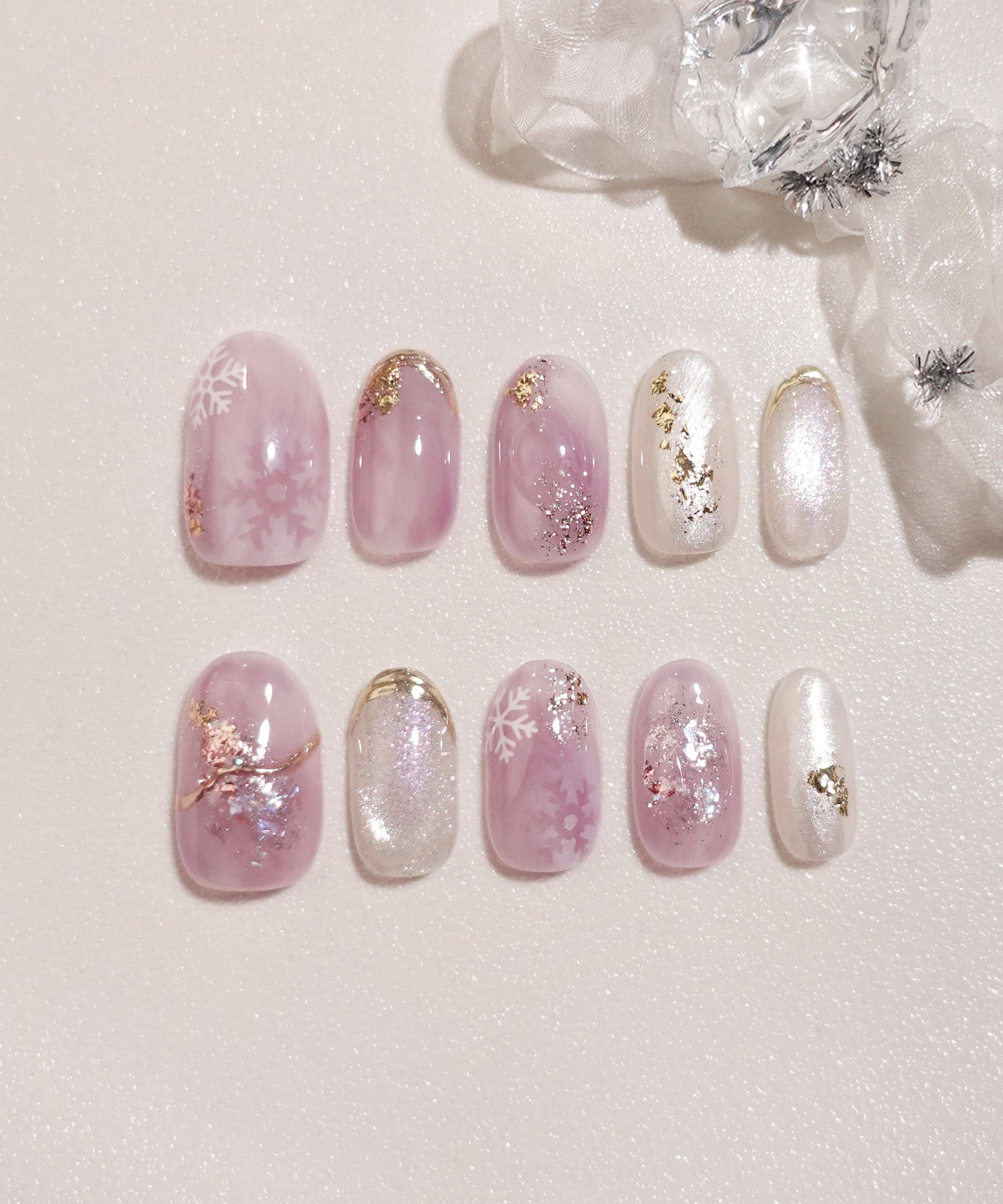 当日発送】水光ネイルピンクホワイトスノーデザインゴールドミラー