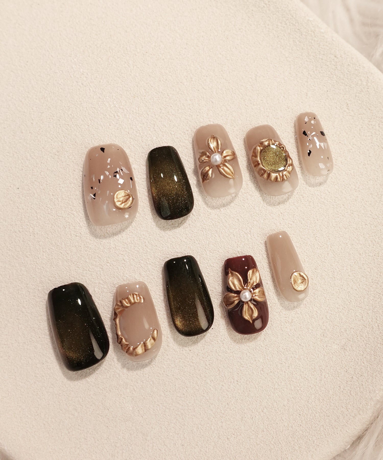 【当日発送】水光ネイルブラウンゴールドマグネットフラワーパーツパールスクエアネイルチップ