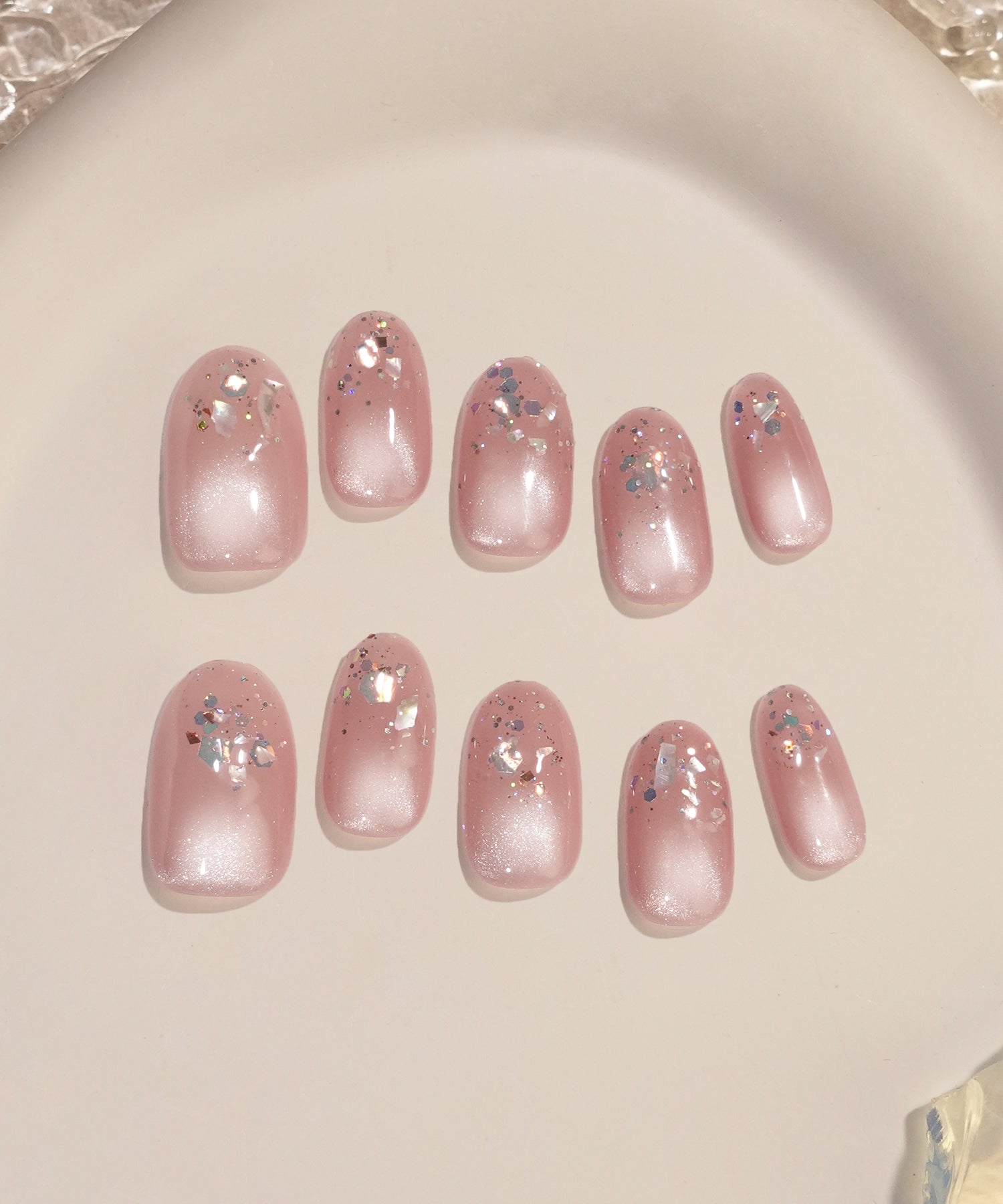 【当日発送】水光ネイルシアーピンクマグネットオーロラホログラムシェルオーバルネイルチップ