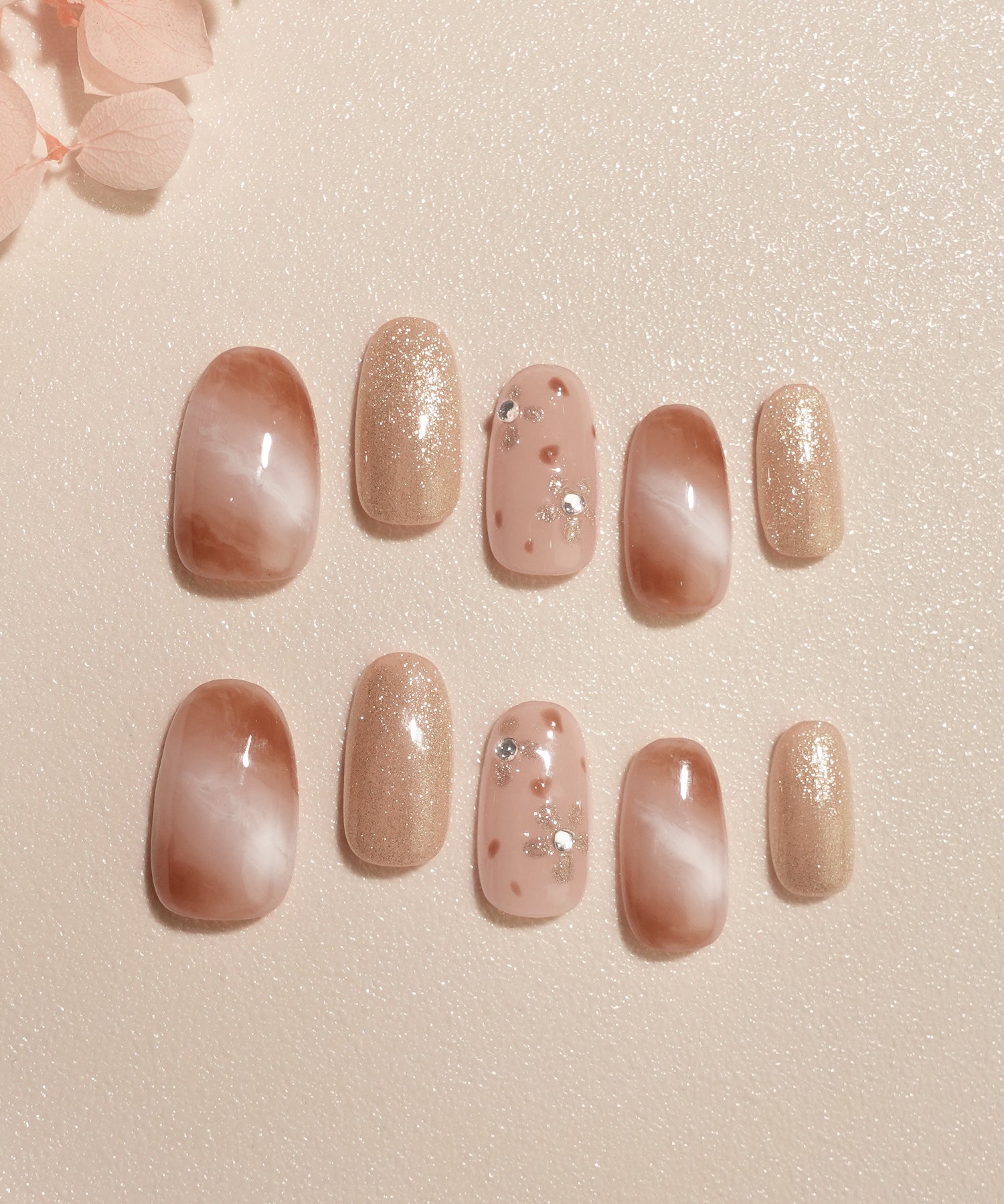 【当日発送】水光ネイルピンクマーブルフラワーアートストーンラメオーバルネイルチップ