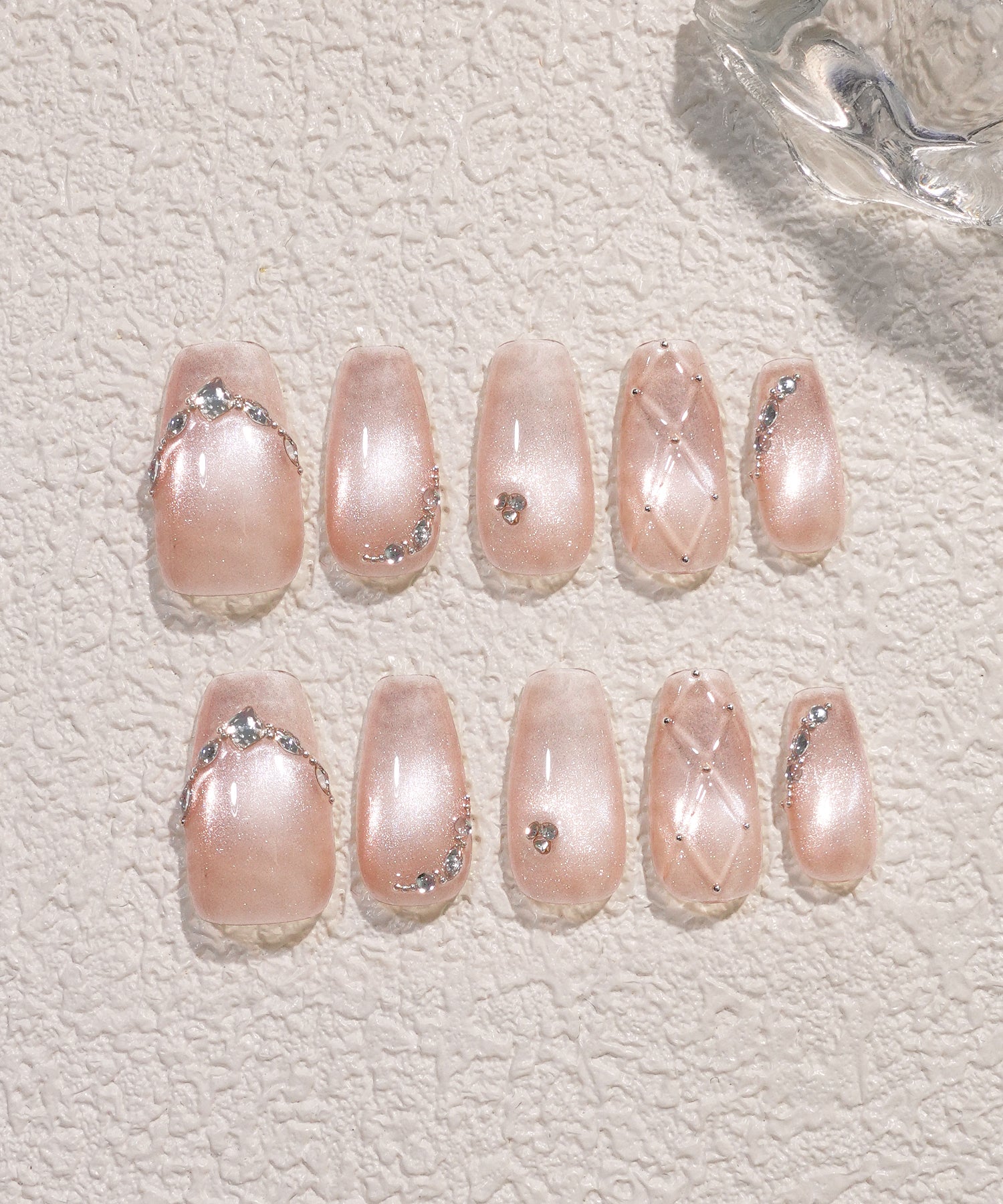 【当日発送】水光ネイルピンクマグネットストーンキルティングデザインバレリーナネイルチップ