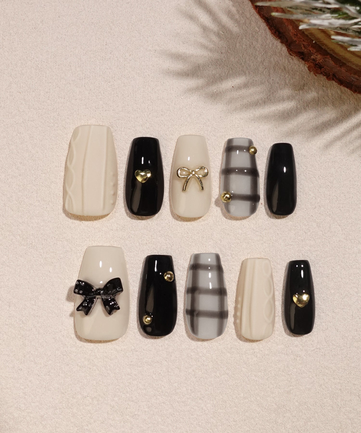 【予約販売】水光ネイルブラックチェックリボンパーツウィンターニットデザインバレリーナネイルチップ