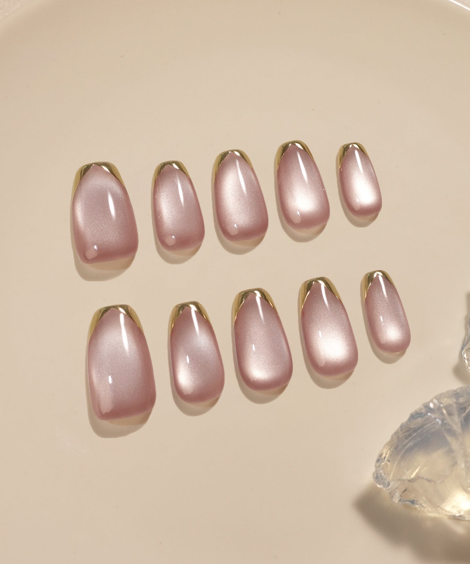 【COMING SOON】水光ネイルモーブピンクマグネットゴールドミラーフレンチバレリーナネイルチップ