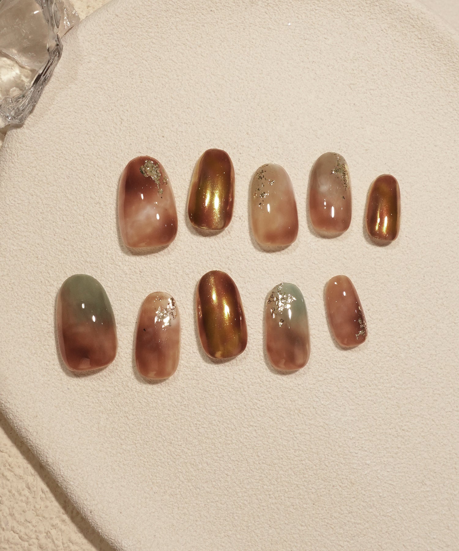 当日発送】水光ネイルブラウンニュアンスマーブルホイルオーバルネイル
