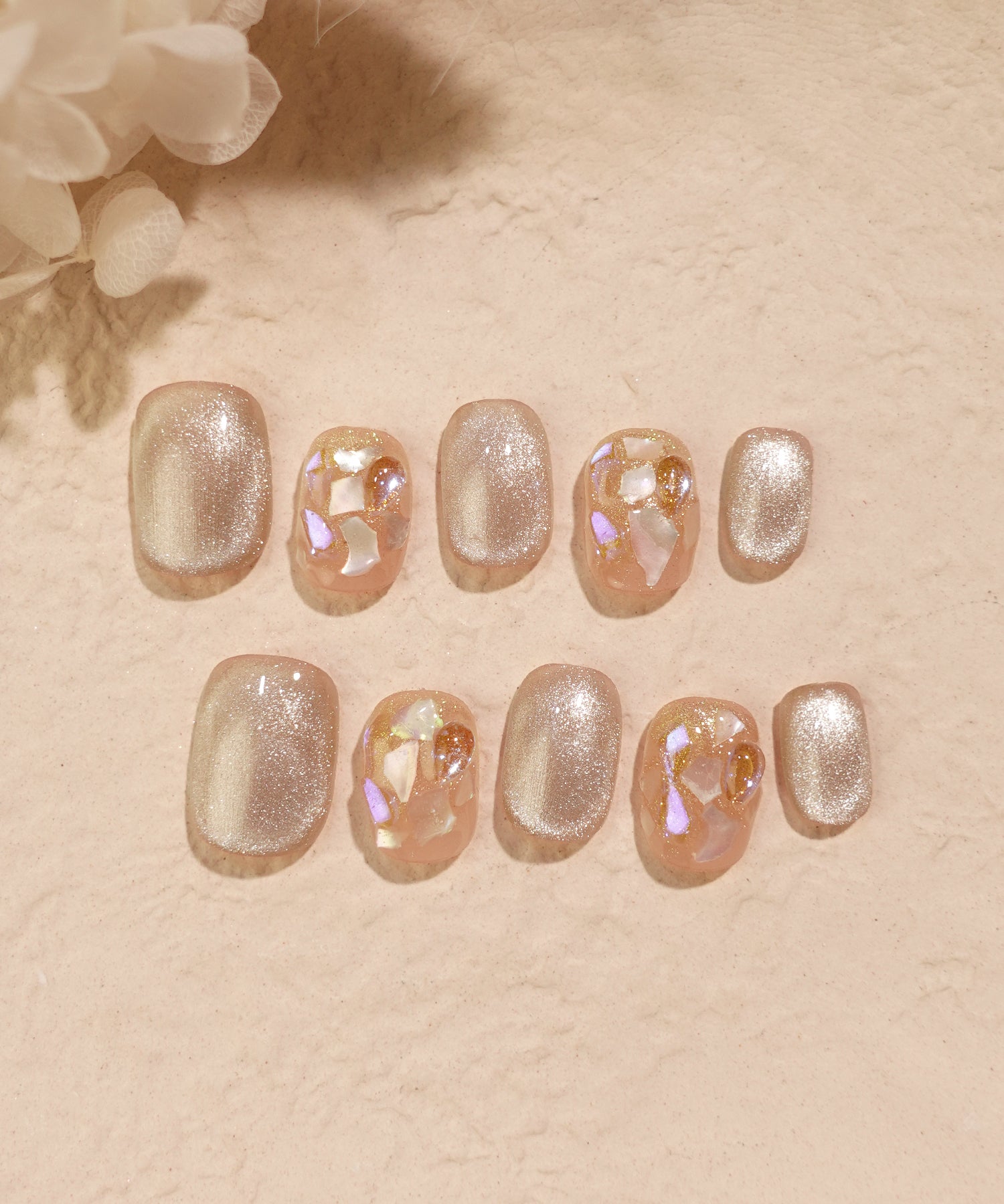 水光ネイルピンクマグネットオーロラシェルショートスクエアネイルチップ