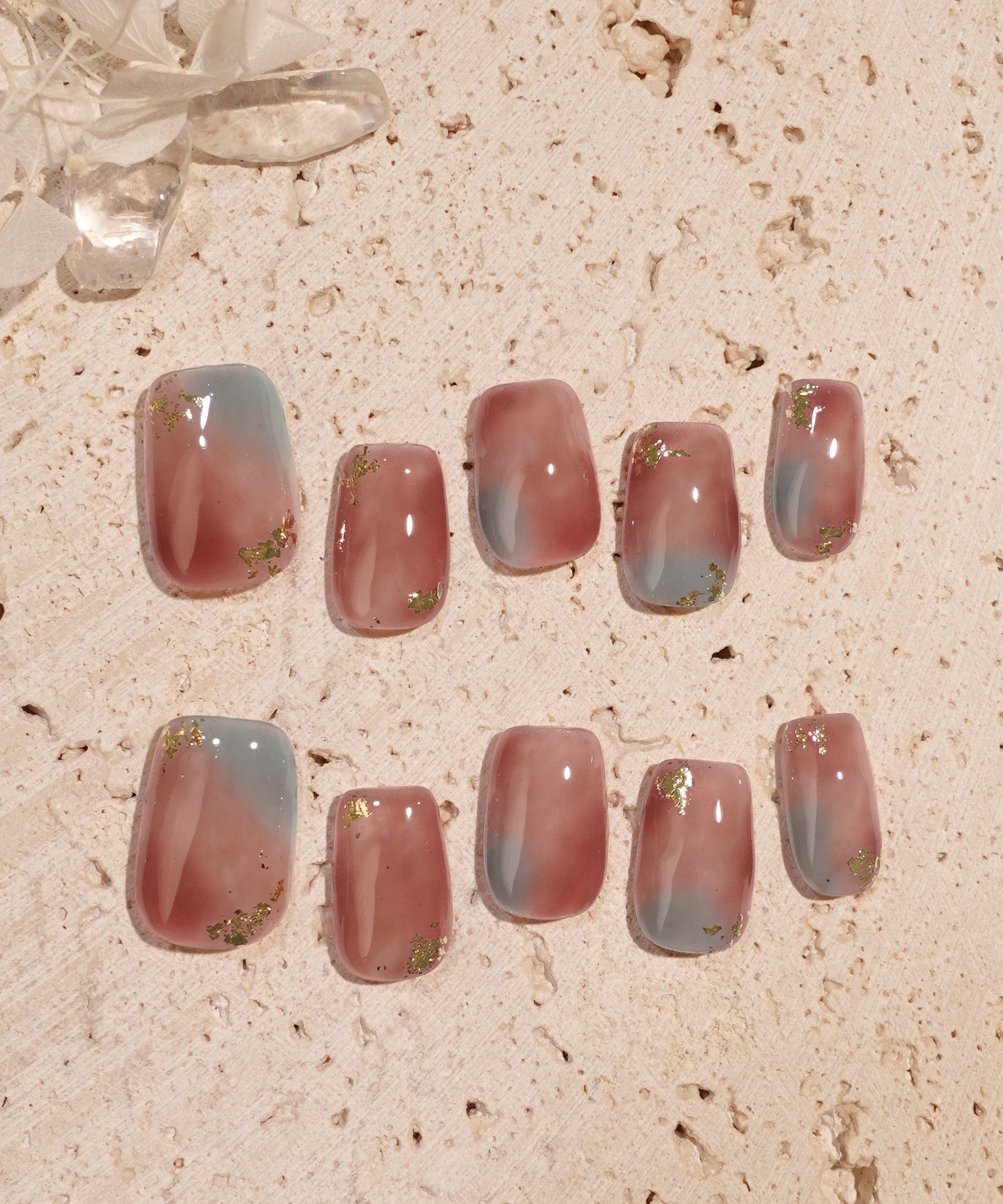 【当日発送】水光ネイルスモーキーローズブルーグレーニュアンスホイルショートスクエアネイルチップ