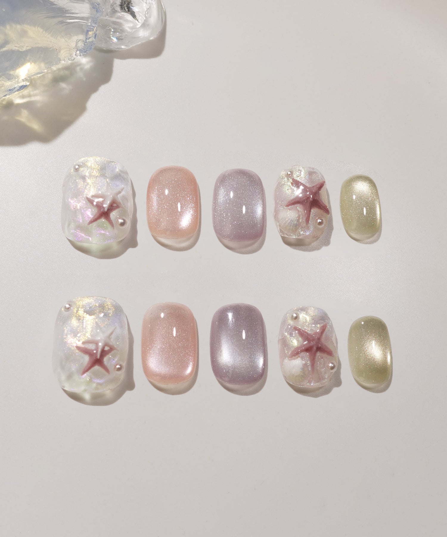 【COMING SOON】水光ネイルシアーカラーマグネットスターフィッシュパールショートラウンドネイルチップ