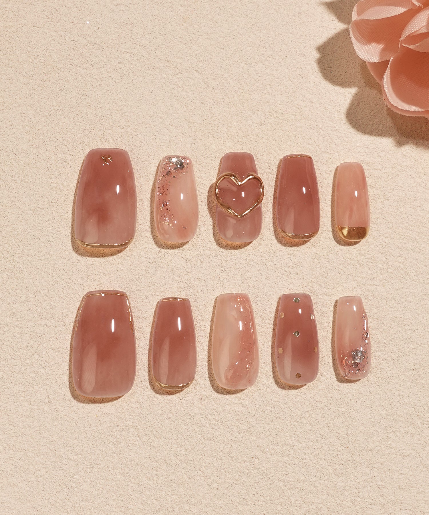 【SOLD OUT】水光ネイルコーラルオレンジマーブルハートモチーフゴールドミラーラメホロバレリーナネイルチップ
