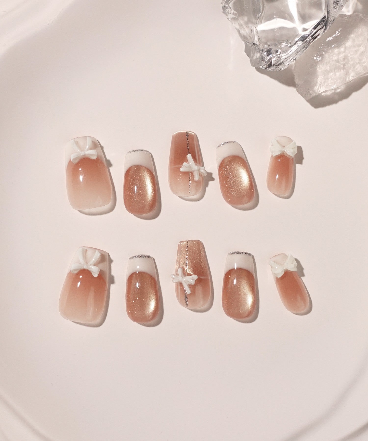 【NEW ITEM】3D水光ネイルピンクホワイトフレンチリボンバレリーナネイルチップ