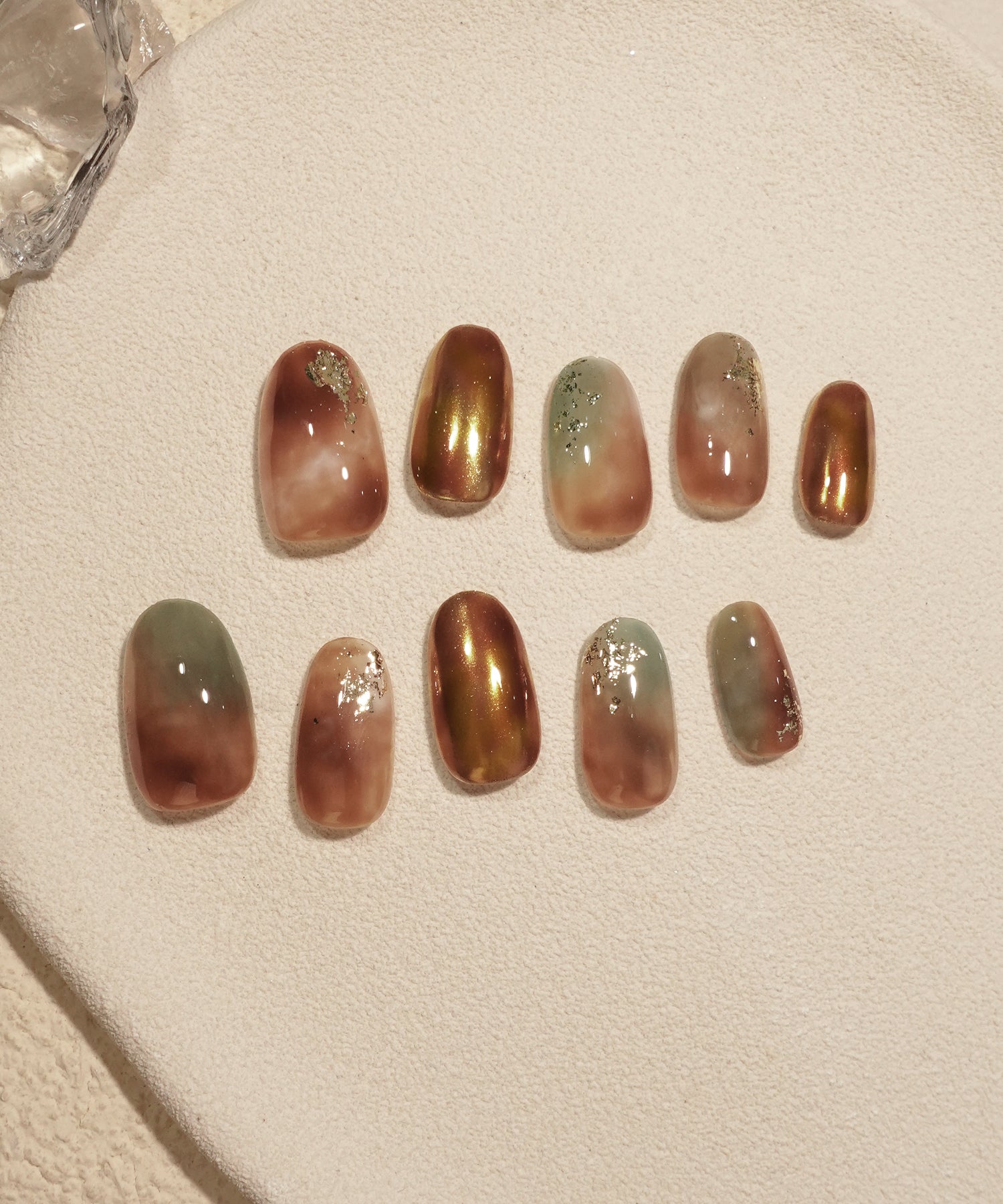 当日発送】水光ネイルブラウンニュアンスマーブルホイルオーバルネイル
