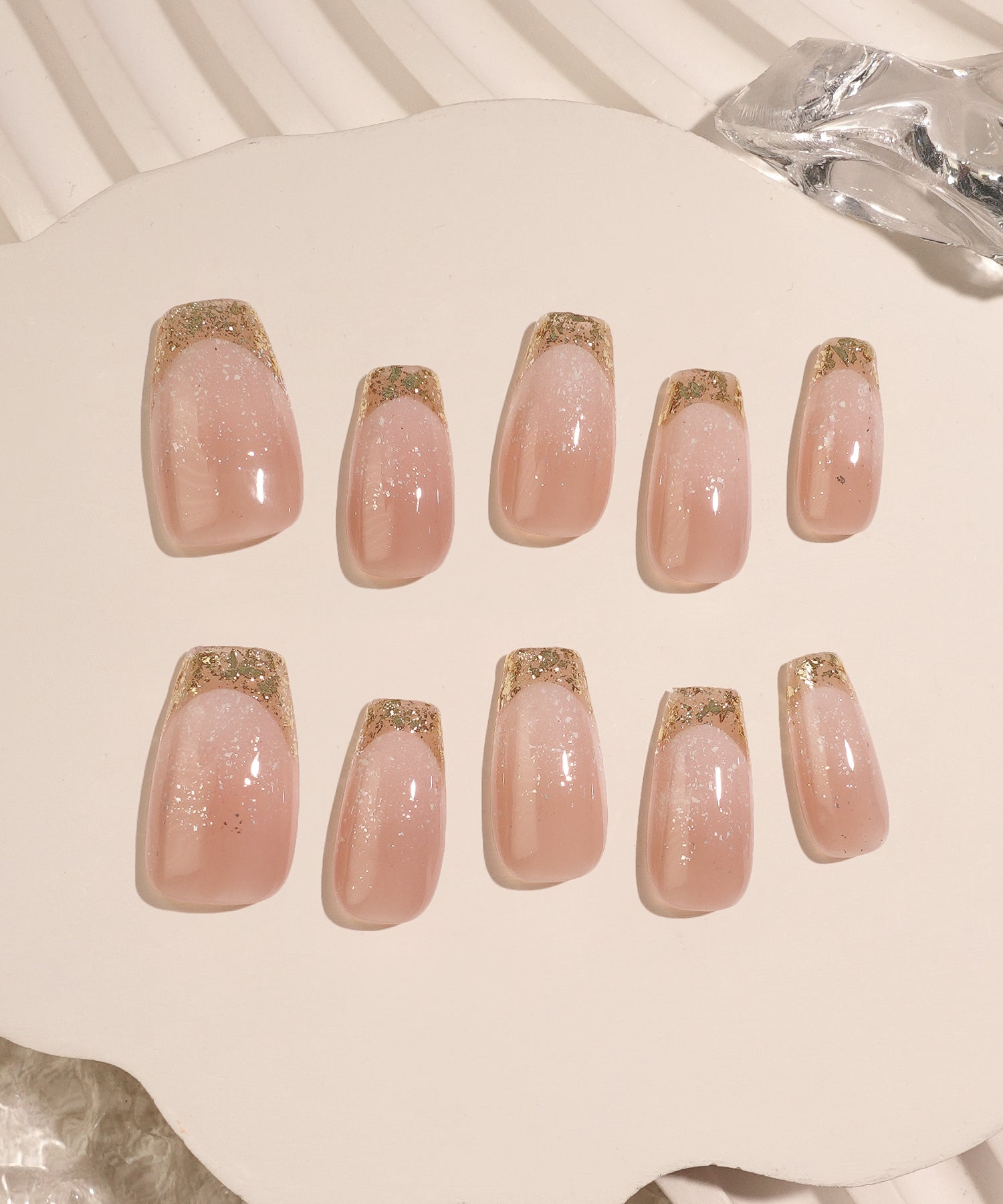 【当日発送】水光ネイルピンクグラデーションゴールドガラスフレンチバレリーナネイルチップ