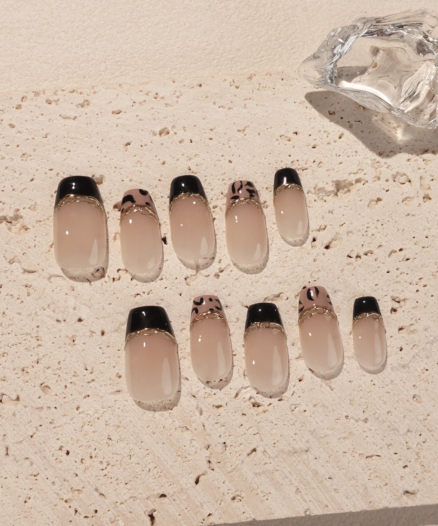 【当日発送】水光ネイルベージュブラックフレンチレオパードミラーラインバレリーナネイルチップ