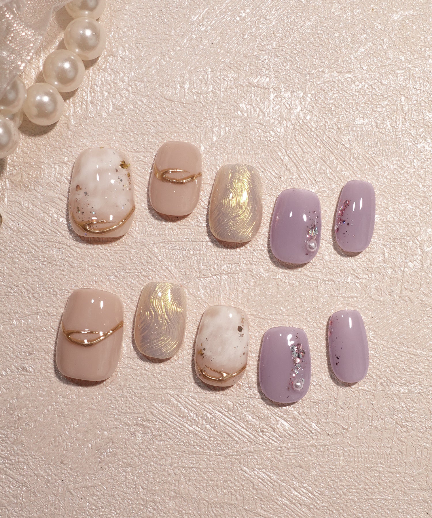 【COMING SOON】水光ネイルパープルニュアンスゴールドミラーウェーブホイルパールラメショートスクエアネイルチップ