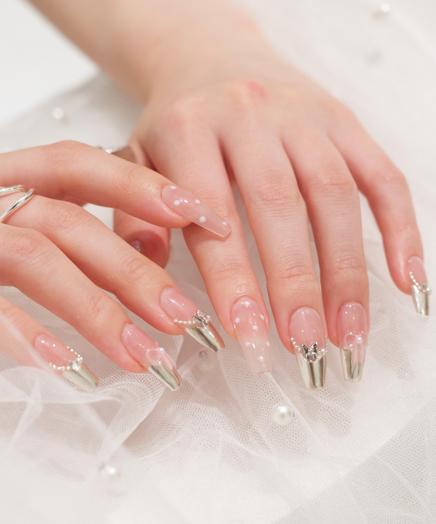 [Same-day shipping] 3D Water Shine Nail Natural Pink Silver Mirror French Girly Nail Tips