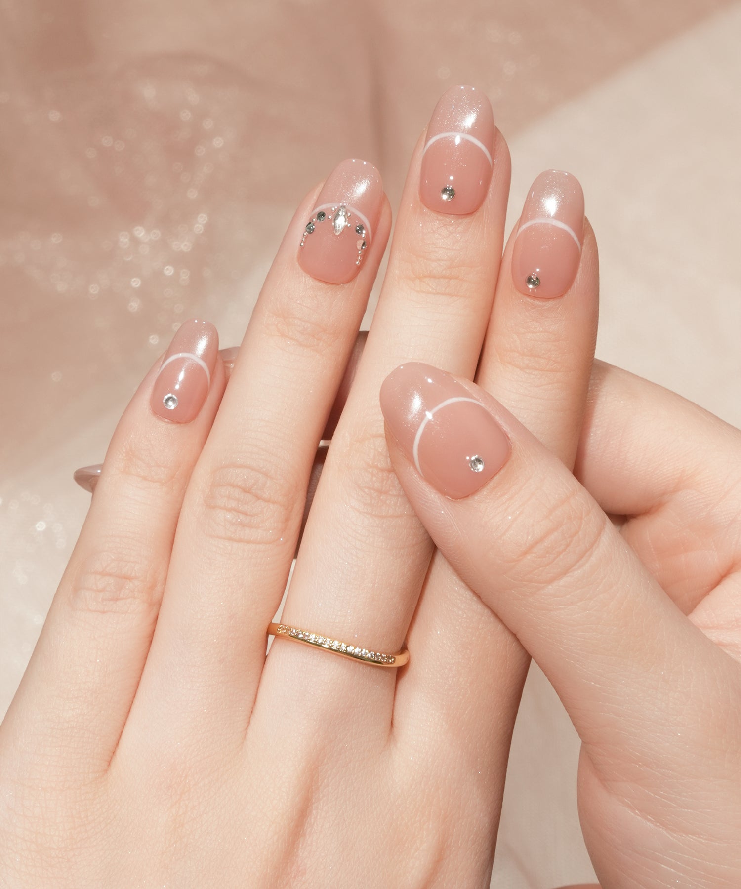 【当日発送】水光ネイルピンクマグネットフレンチラインストーンオーバルネイルチップ