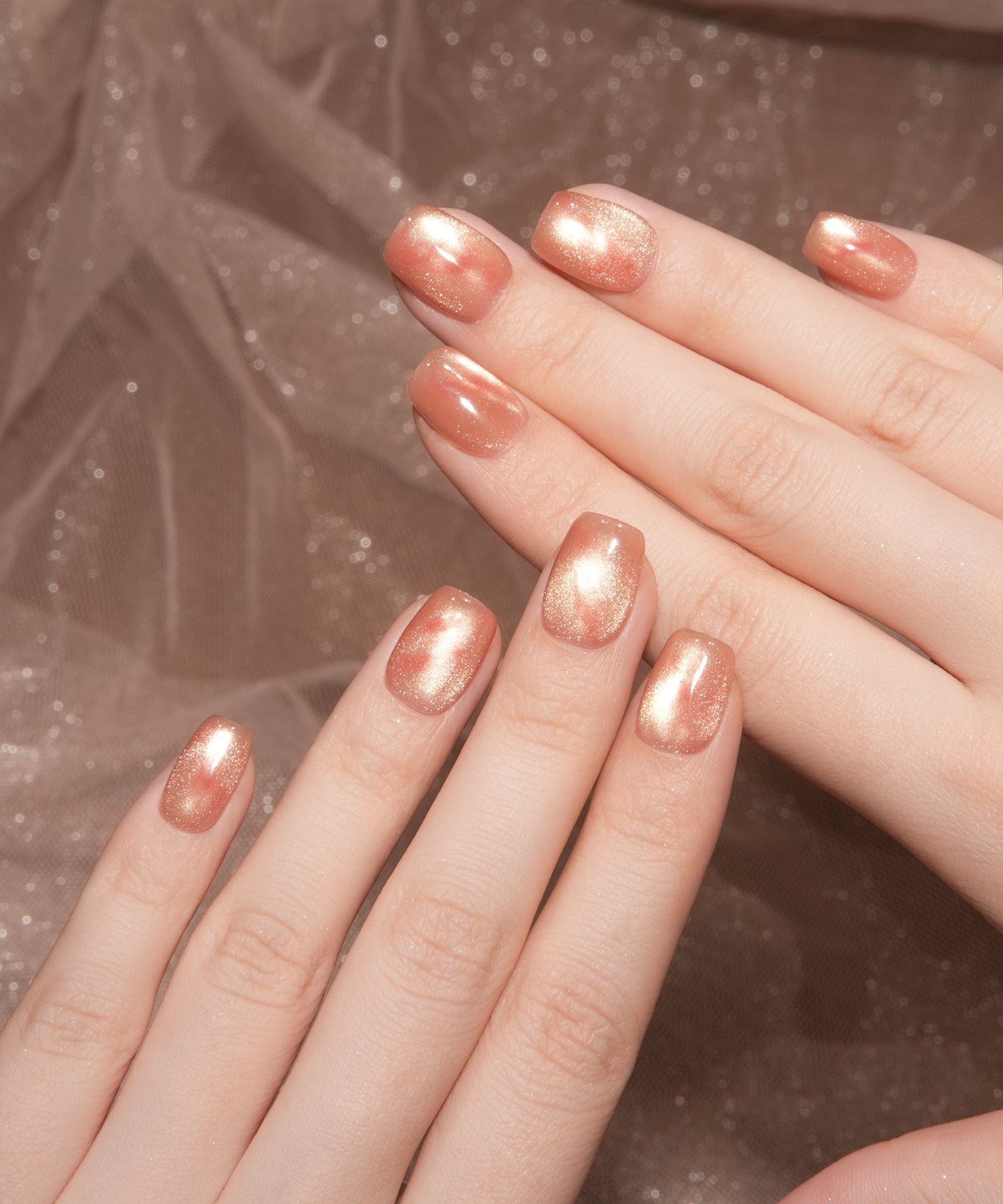 【当日発送】水光ネイルピンクベースゴールドマグネットマーブルニュアンスショートスクエアネイルチップ